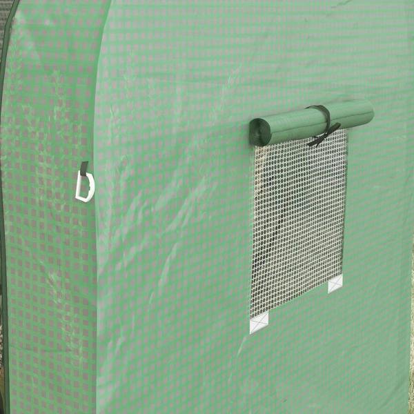 Green mesh greenhouse side window with roll-up latch and white mesh panel