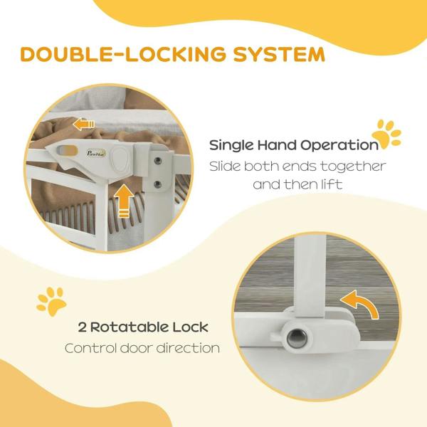 White stair gate with double-locking side mechanism and rotatable lock detail.