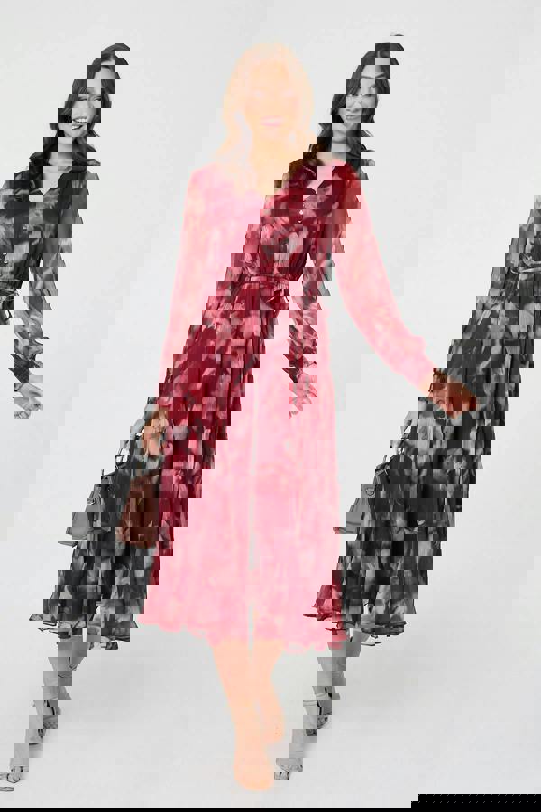 Burgundy | Abstract Floral Semi Sheer Midi Dress