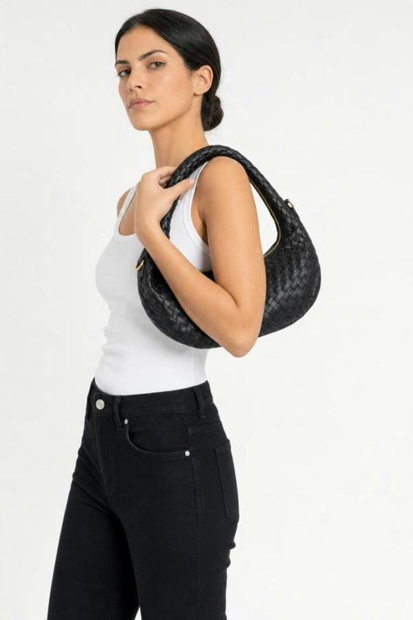 SVNX Woven Hobo Chain Shoulder Bag in Black