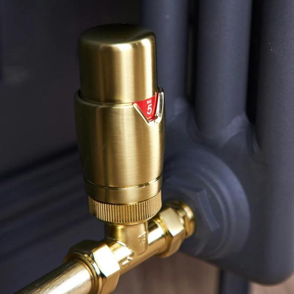 Flode Straight Thermostatic Radiator Valve Pack | 15mm x 1/2" | Brushed Brass
