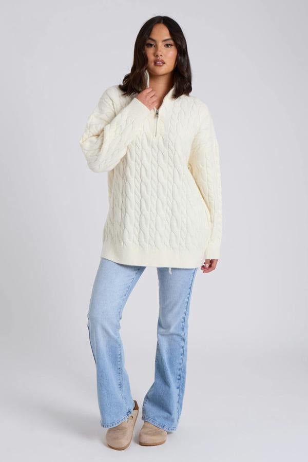 Urban Bliss White Cable Zip Neck Jumper