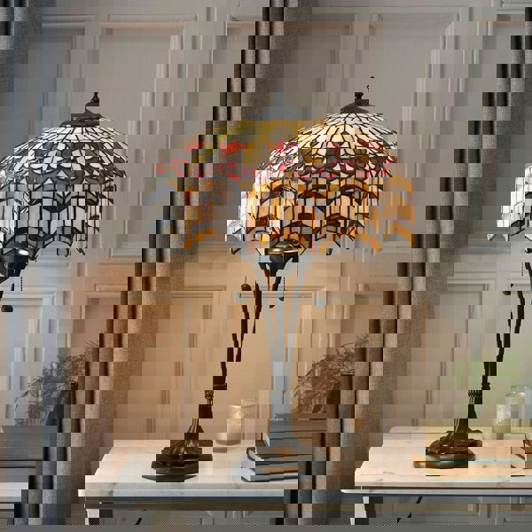 Tiffany Glass Table Lamp Light Dark Bronze & Multi Colour Scalloped Shade i00232 Loops