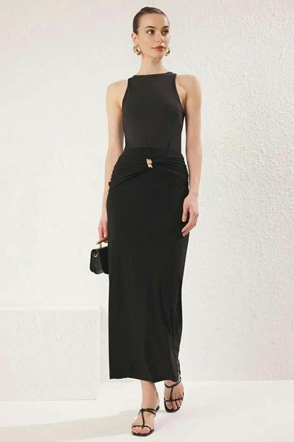 WOVCOR Knitted Maxi Fishtail Skirt with Gold Accessory Details
