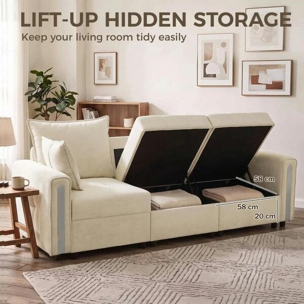 3 Seater Sofa with Lift-Up Storage, 228cm Comfy Velvet Couch with Wide Deep Seat, Beige