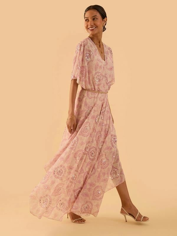 Rose & Nancy Mali Pink Print Beaded Maxi Dress