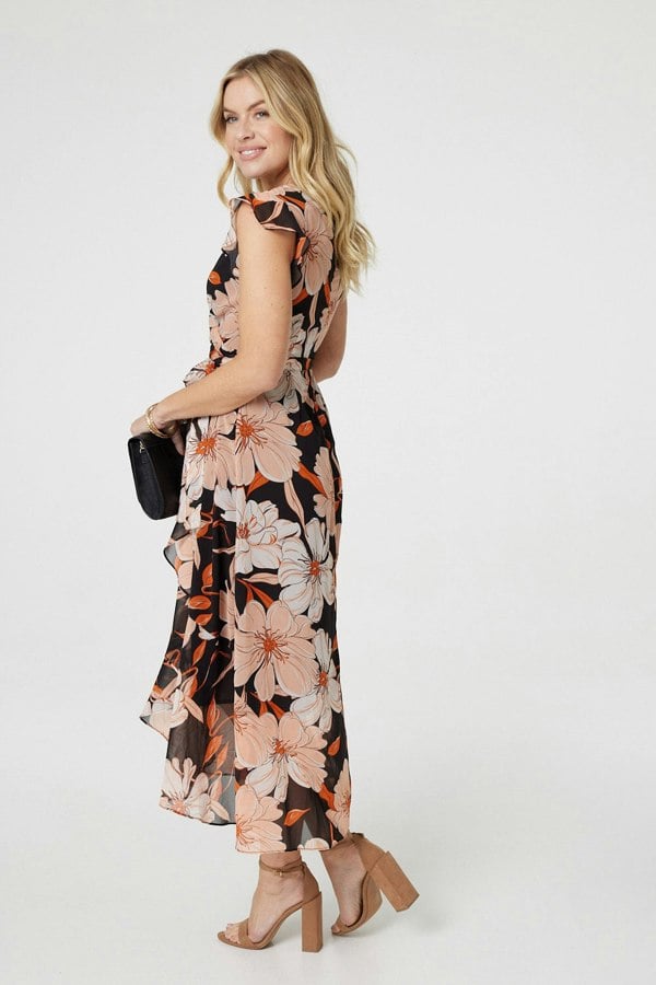 Black | Floral Frill Asymmetric Wrap Midi Dress
