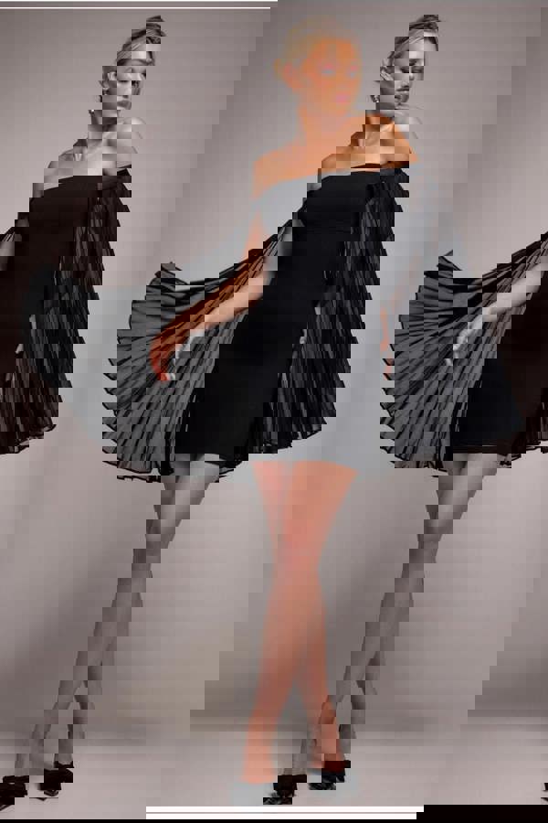 Strapless Mini Dress With Pleated Chiffon Cape - Black DR4789