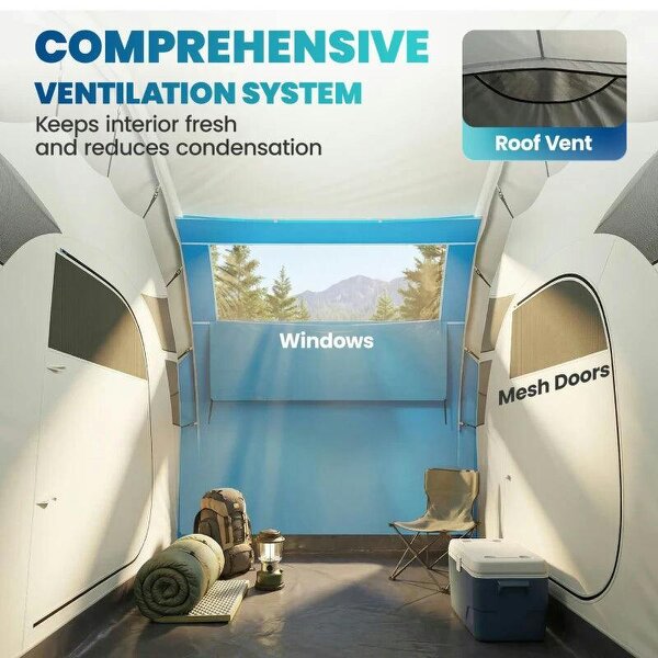 Inflatable Tent 2 Bedroom Tunnel Design Windproof Air Tent with Carry Bag for 4 Person
