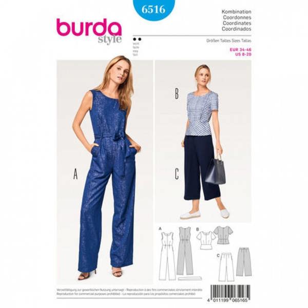 Burda Sewing Pattern 6516 Jumpsuits, Trousers and Tops For Women, 8 to 20 - Easy