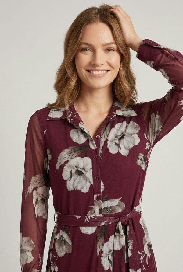 Izabel London Floral Sheer Layered Midi Shirt Dress