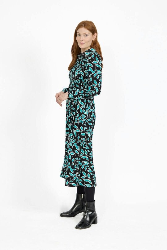 Mudflower Leaf Print Soft Touch Shirred Bodice Button-Up Midi Dress