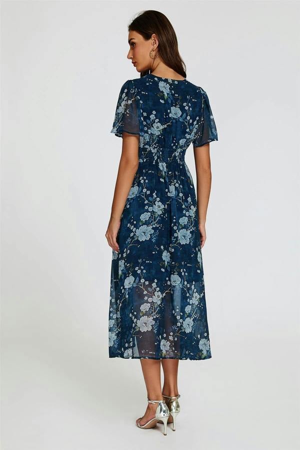 FS Collection Floral Print Midi V neckline Dress In Navy