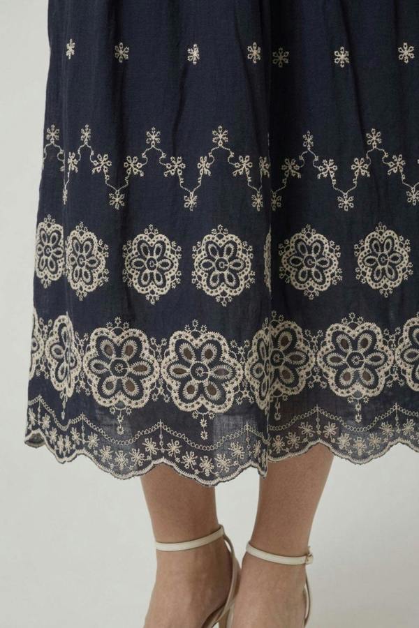 Navy | Embroidered High Waist Midi Skirt