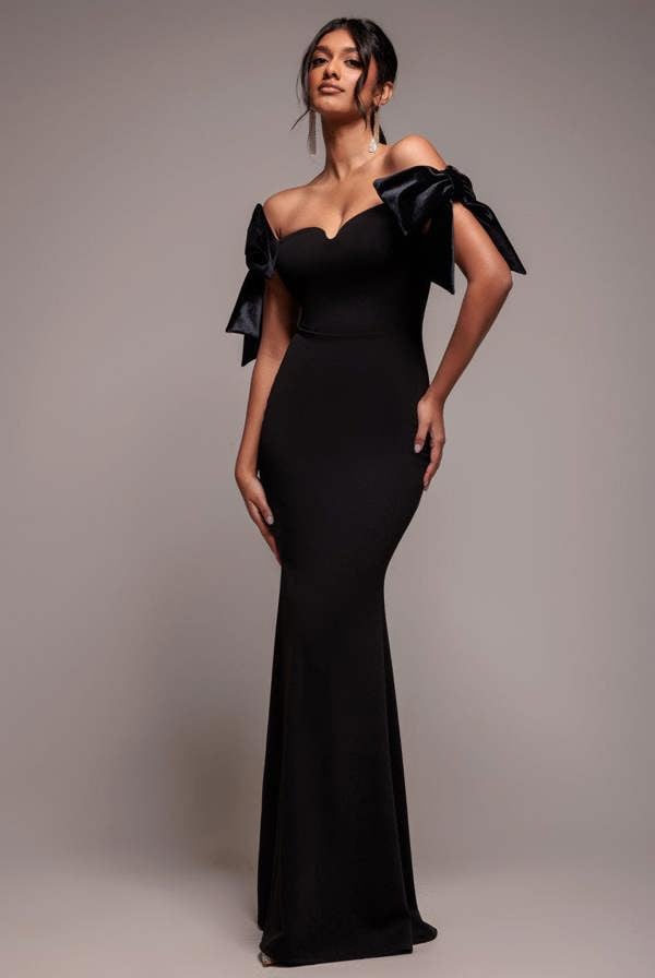 Scuba Off The Shoulder Velvet Bow Maxi Dress - Black DR4864