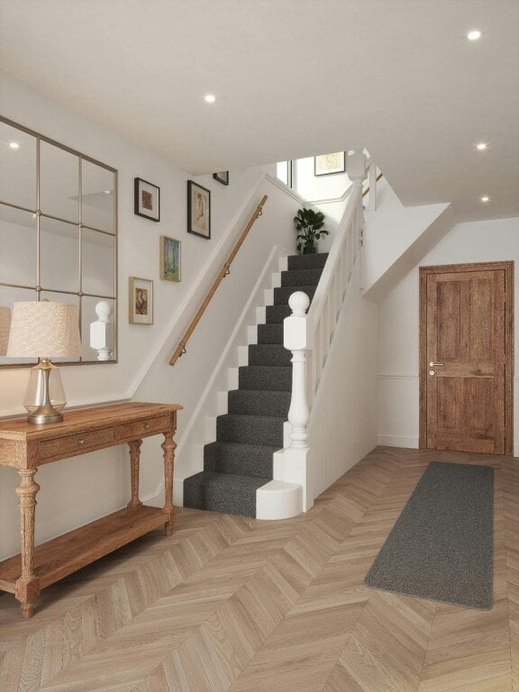 Handrails Direct Stoneleigh Red Oak Straight Flight Handrail - Stoneleigh Red Oak - Harbury Brushed Silver