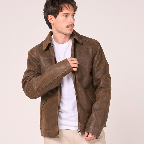 Barneys Originals Men's Soft Grain Brown Leather Harrington Jacket