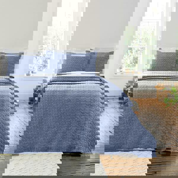 Bianca Attica Velvet Embroidered Bedspread Blue