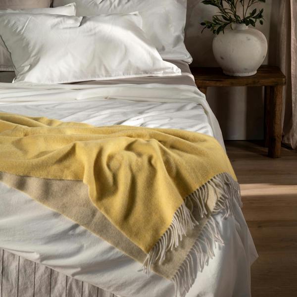 Lemon Yellow Luxury Wool with Cashmere Throw bedroom detail | Soak and Sleep