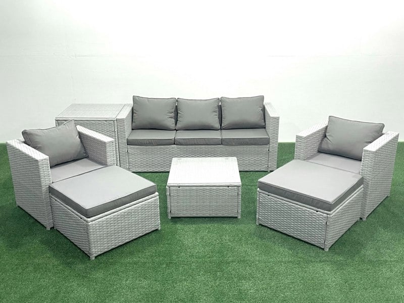 Fimous 7 Seater Rattan Garden Furniture Set with 3 Seater Sofa 2 Chair Square Coffee Table 2 Big Footstools Side Table Light Grey Mixed