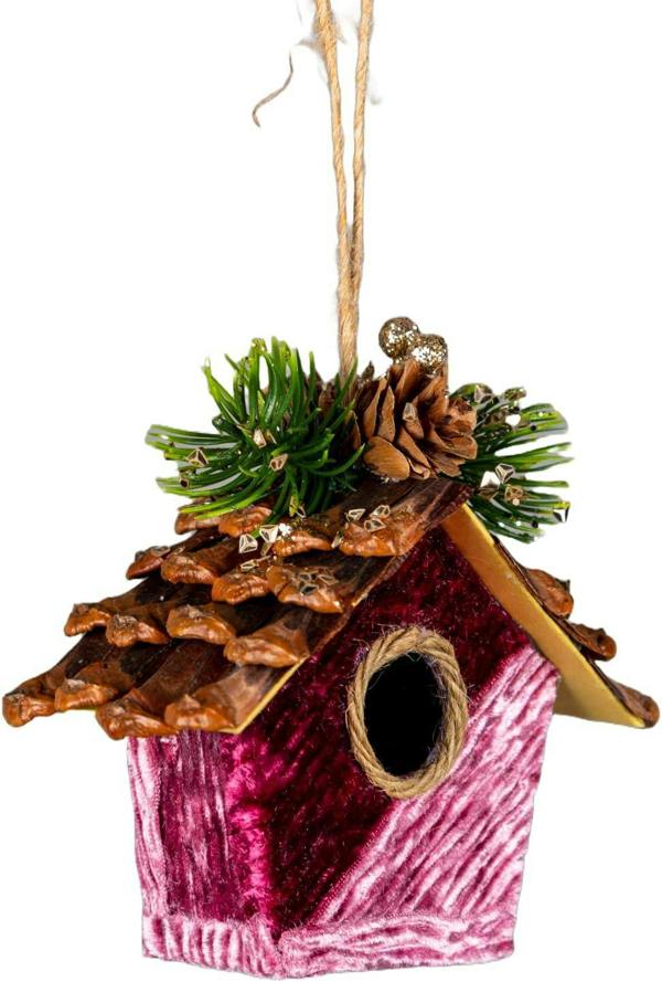 10x11cm Pink Burgundy Birdhouse Hanging Decoration Set, 3 Pack Fairy Tale Tree Ornaments image 5