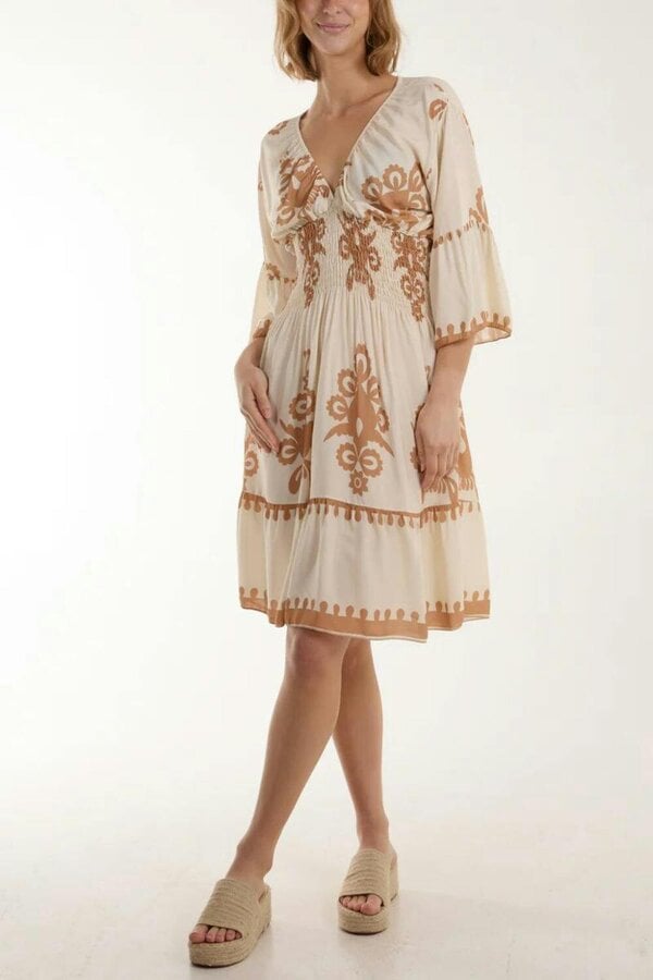 Hoxton Gal Relaxed Fit 3/4 Sleeves V Neck Printed Knee Lenght Dress in Beige