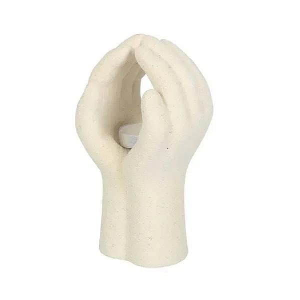 Praying hands tealight holder, off-white ceramic, side view of candle well