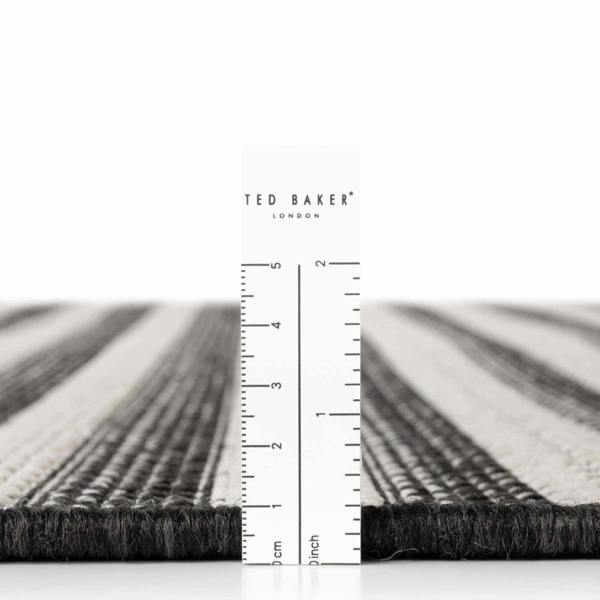 Black and white striped rug with a ruler for scale and 'Ted Baker London' branding.