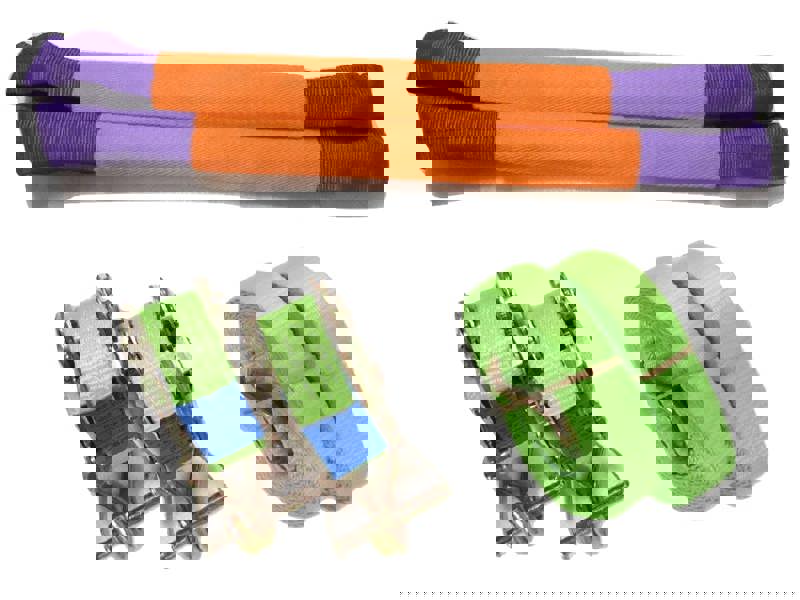 Recovery Ratchet Strap Set Hi Vis x2 (35MM x 4M Round Sling Alloy Wheel Tie Down Trailer Kit)