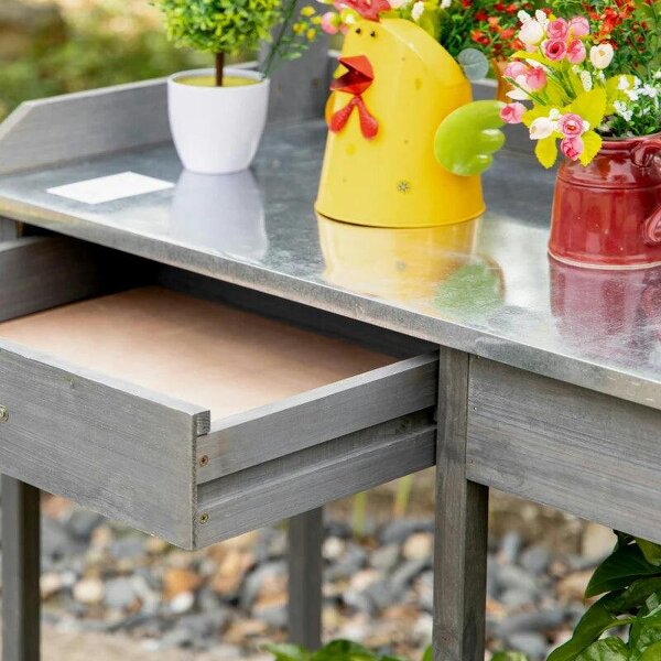 Garden Potting Table with Storage, Workbench, Metal Top, Storage Shelves & Hooks for Patio, Courtyard, Wooden