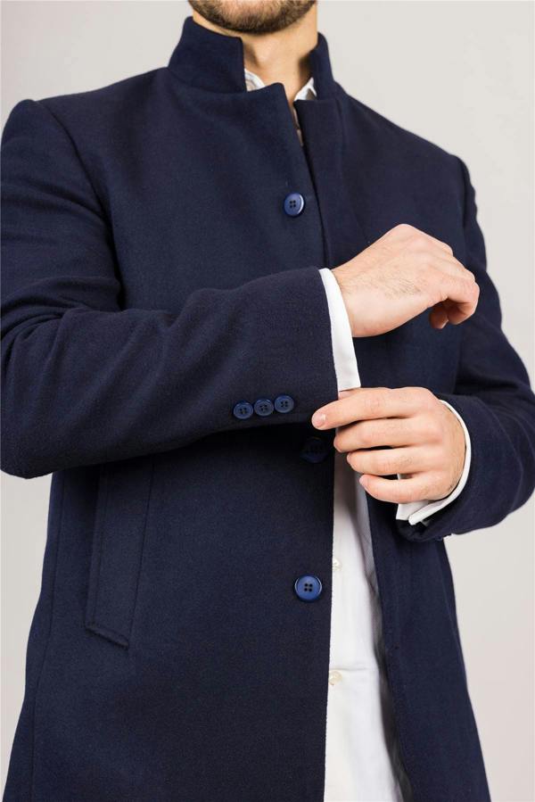 Infinity Leather Men's Navy Stand Collar Wool Blend Overcoat