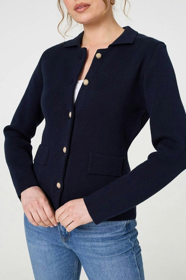 Navy | Textured Button Front Collared Jacket
