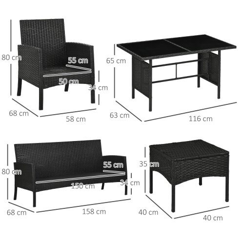 Wyld Haus Coma 7 Seater Black and White Rattan Garden Sofa Set With Armchairs Footstools And Glass Dining Table