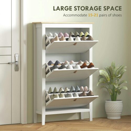 Wyld Haus Makeve Wooden White and Natural Modern 3 Drawer Shoe Cabinet Faux Leather Handles