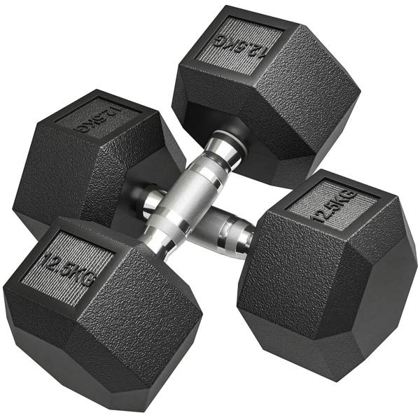 Set of black rubber hex dumbbells with textured grip and silver steel center handles