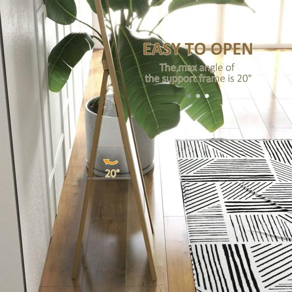 Full-length mirror with light natural wood frame, angled leaning position