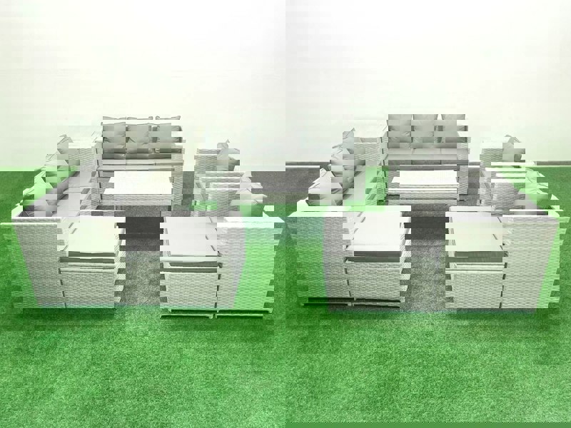 Fimous Outdoor Garden Furniture Rattan Sofa Set with 2 Armchairs Oblong Coffee Table 2 Big Footstools Side Table Light Grey Mixed