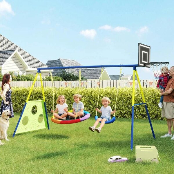 4-in-1 Kids Swing Set with Saucer Swing, Basketball Hoop and Football Goal, Outdoor Playground Playset for Garden - Multicolour