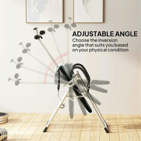 Foldable inversion table with adjustable-angle frame and black-and-blue backrest pad