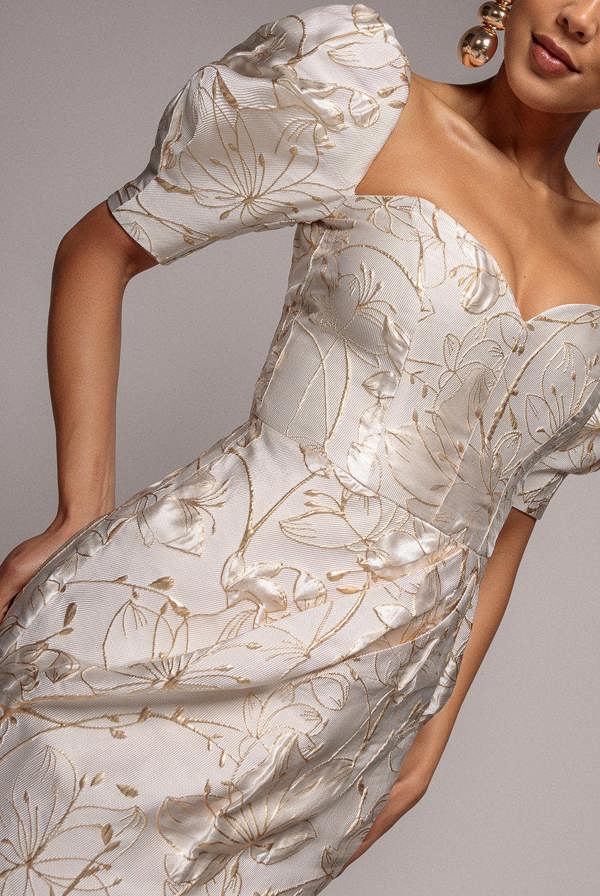 Puff Sleeve Sweetheart Midi Dress - Cream DR4883