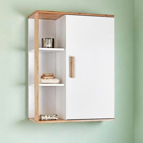 Showerdrape Cassino Matt White & Bamboo Wall Bathroom Cabinet with Display Shelves