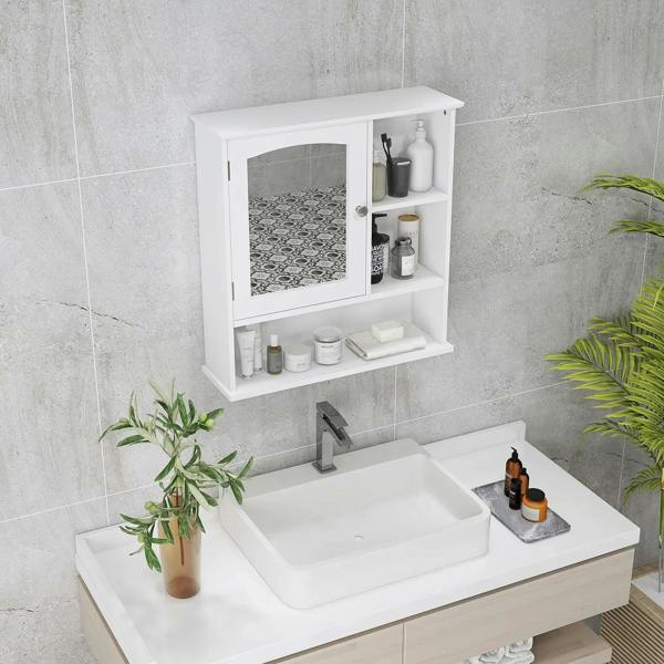 White wall-mounted bathroom cabinet with open mirrored door and three interior shelves
