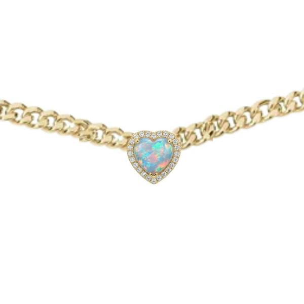 Gold necklace with a heart-shaped blue gemstone on a white background