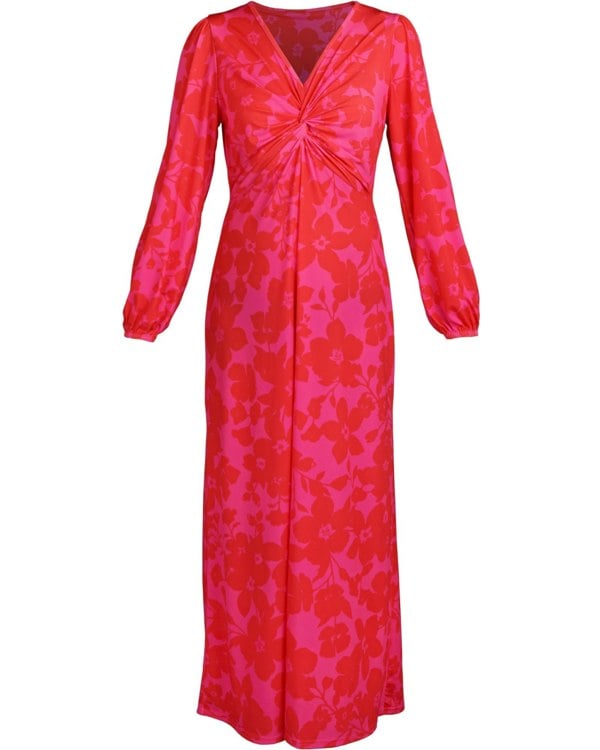 Antonia York Twisted Front Dress - Wanda Soft Jersey Maxi Dress in a Red Pink Floral Print