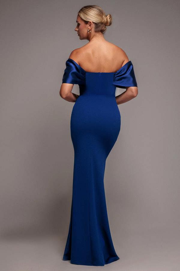 Goddiva Twist Knot Satin & Scuba Bardot Maxi Dress - Royal Blue by Goddiva