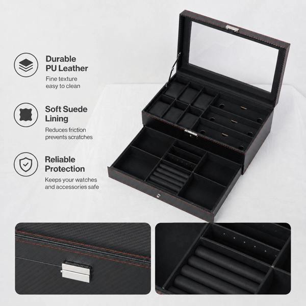ilus Watch Box Watch Storage Jewelry Box 2 Layer Glass Lid Lockable Display Black