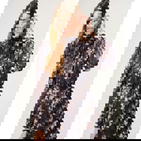 Blue Vanilla High Neck Floral Puffball Pleated Midi Dress