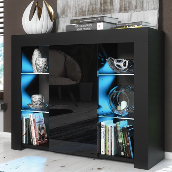 Mex Furniture Sophisticated 97.5cm Cabinet Cupboard TV Stand – Black High Gloss with Free LED