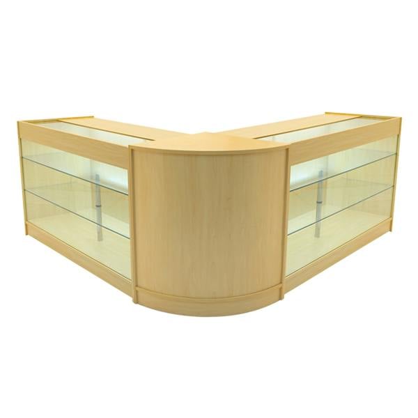 Maple Helios LED shop counter set with two K1500 display cases, featuring glass shelves and a sleek, modern design