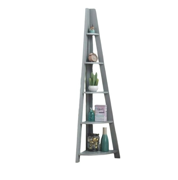Modcraft 5 Tier Ladder Bookcase – Retro Wooden Corner Shelving Unit | Grey Scandinavian Style
